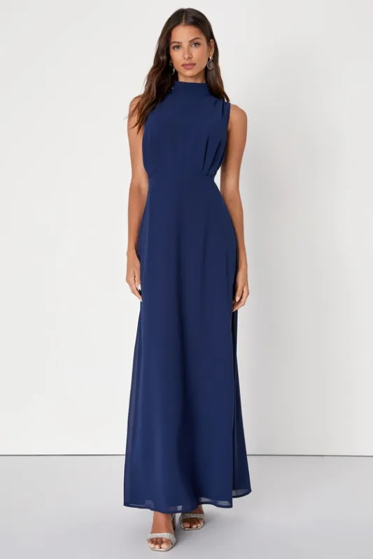 Classic Elegance Navy Chiffon Sleeveless Mock Neck Maxi Dress sold by Lulus