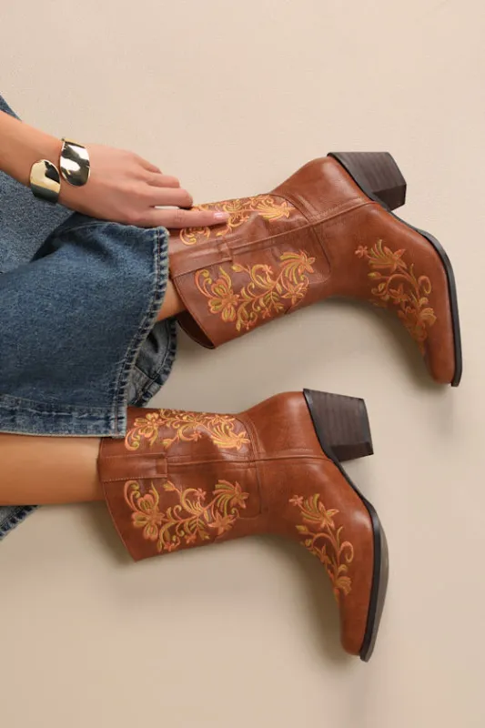 Birgitta Brown Embroidered Western Ankle Boots sold by Lulus