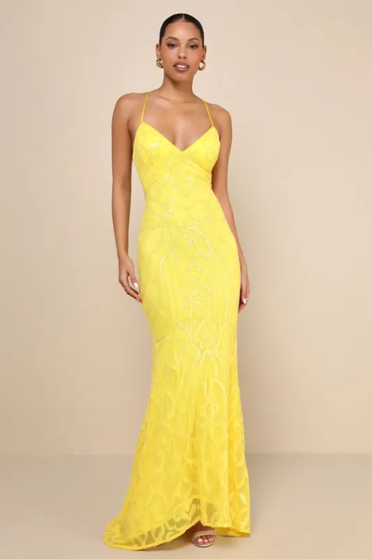 Perfect Enchantment Yellow Sequin Lace-Up Mermaid Maxi Dress sold by Lulus