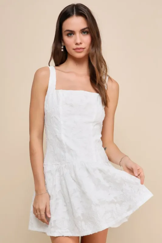 Exuberant Elegance White Jacquard Drop Waist Mini Dress sold by Lulus