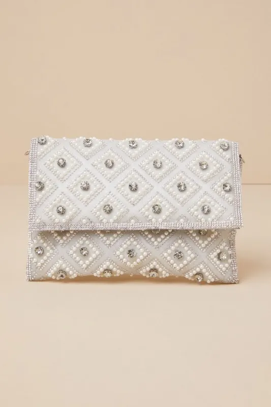 Sparkly Passion Silver Rhinestone Pearl Clutch sold by Lulus