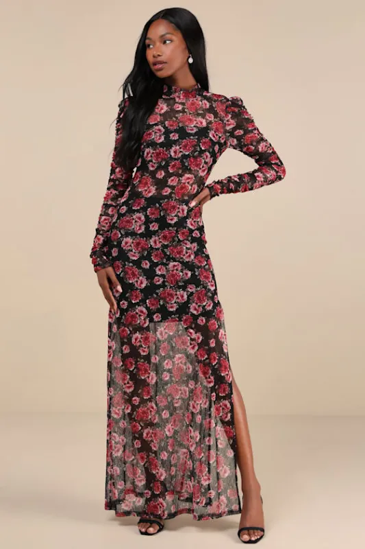 Lovely Silhouette Black Floral Sheer Mesh Cutout Maxi Dress sold by Lulus