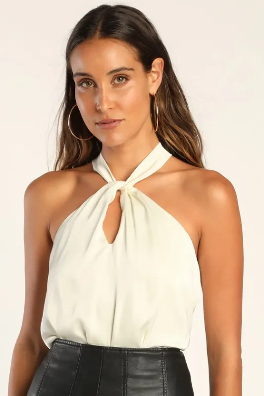 Posh Attitude Ivory Satin Knotted Halter Bodysuit sold by Lulus