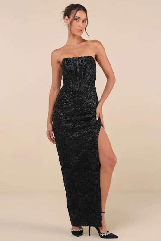 Stately Aura Black Mesh Velvet Strapless Bustier Maxi Dress sold by Lulus