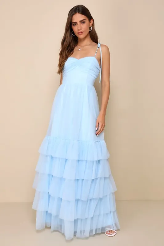 Endlessly Darling Light Blue Mesh Tiered Tie-Strap Maxi Dress sold by Lulus