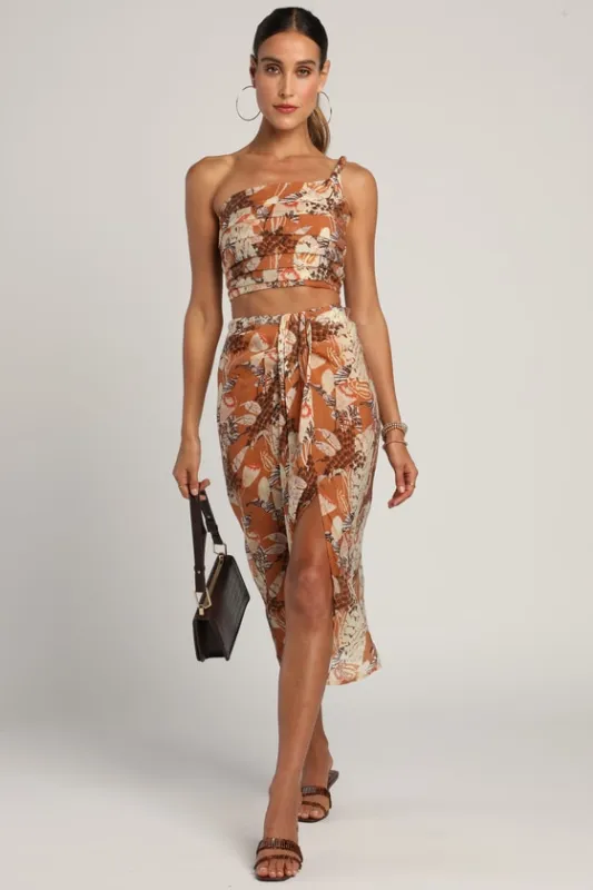 Something Wild Brown Multi Print Twist-Front Midi Skirt sold by Lulus