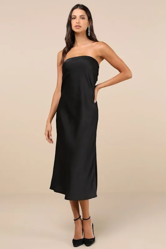 Effortless Bliss Black Satin Strapless Cowl Back Midi Dress sold by Lulus