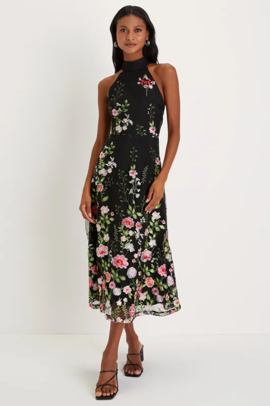 Blossoming Energy Black Floral Embroidered Halter Midi Dress sold by Lulus