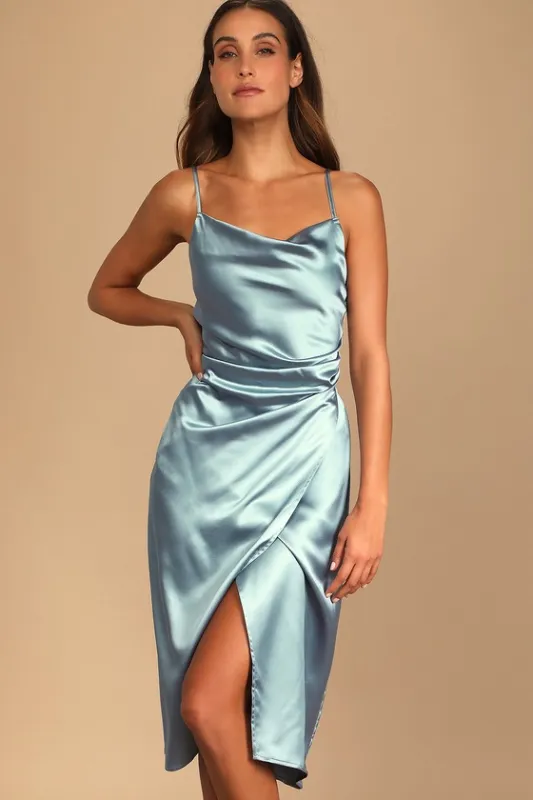 Hollywood Woman Dusty Blue Satin Midi Dress sold by Lulus