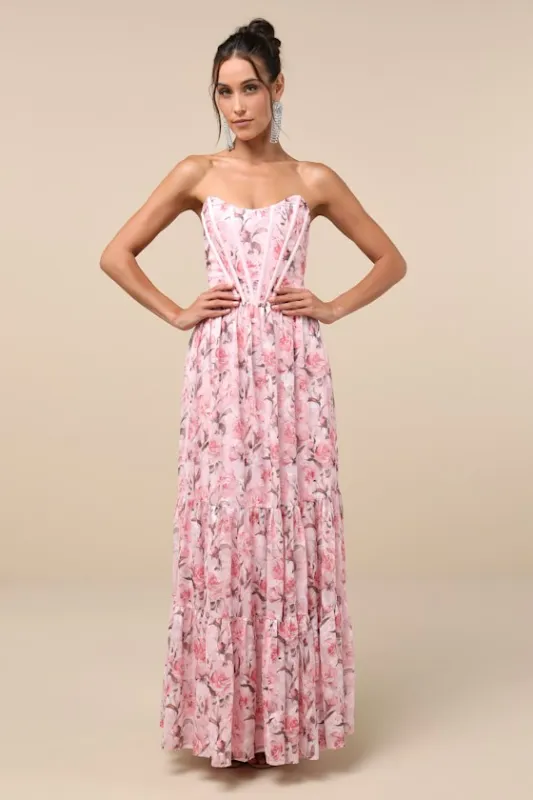 Special Moment Pink Floral Strapless Bustier Maxi Dress sold by Lulus