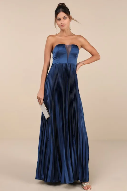 Perfected Elegance Navy Blue Satin Pleated Strapless Maxi Dress sold by Lulus