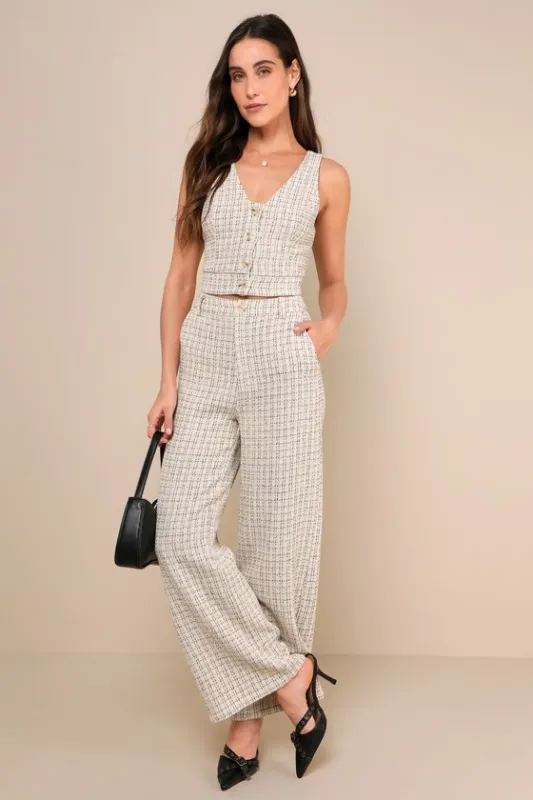 Posh Perception Ivory and Black Plaid Tweed Wide-Leg Pants sold by Lulus