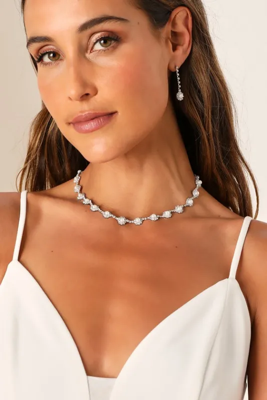 Elevated Luxury Silver Rhinestone Pearl Necklace and Earring Set sold by Lulus
