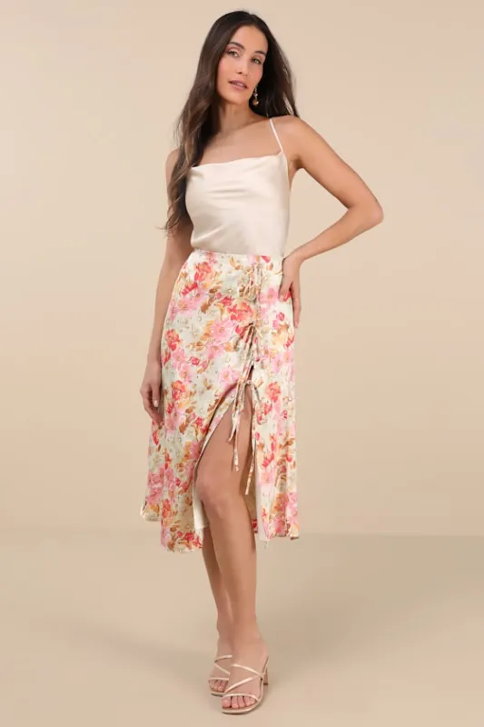 Nasima Cream Multi Floral Satin Midi Skirt sold by Lulus