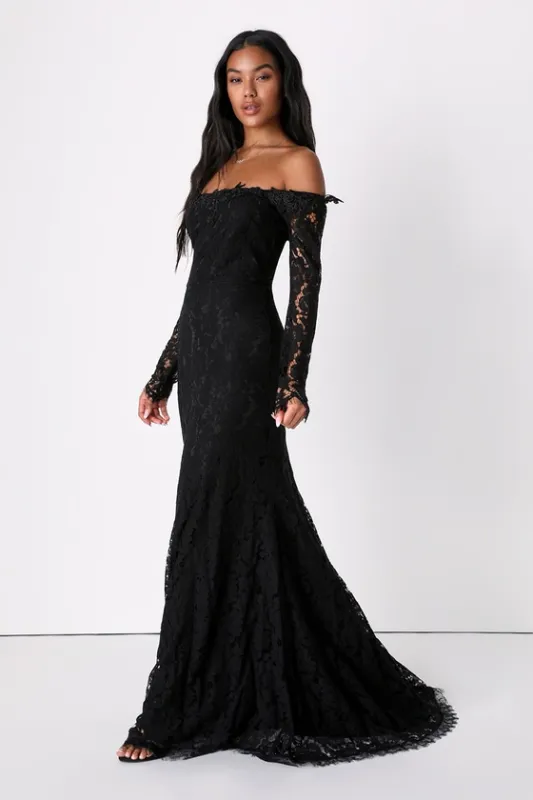 Romance Dreamer Black Lace Off-the-Shoulder Maxi Dress sold by Lulus