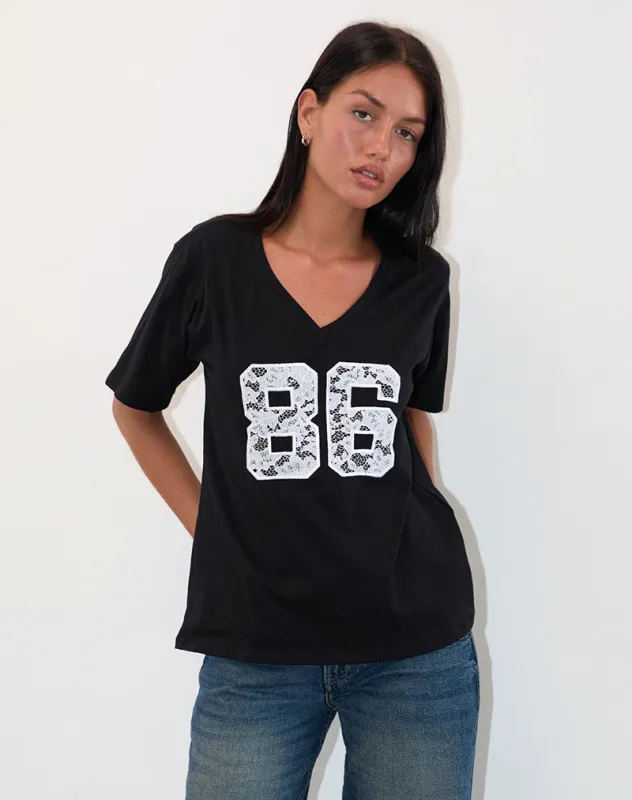 Blaine Oversized Tee in Black with 86 White Lace Embroidery sold by Motel Rocks