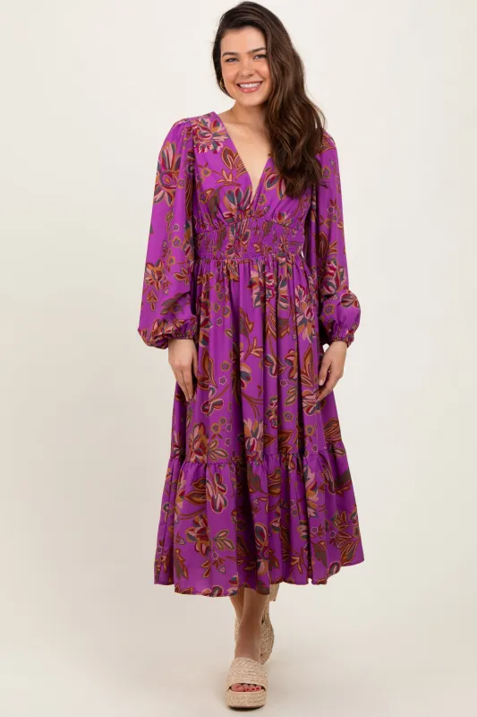 Plum Floral Smocked Waist Long Sleeve Midi Dress sold by Pinkblush
