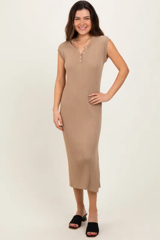 Mocha Ribbed Knit Button Up Sleeveless Midi Dress sold by Pinkblush
