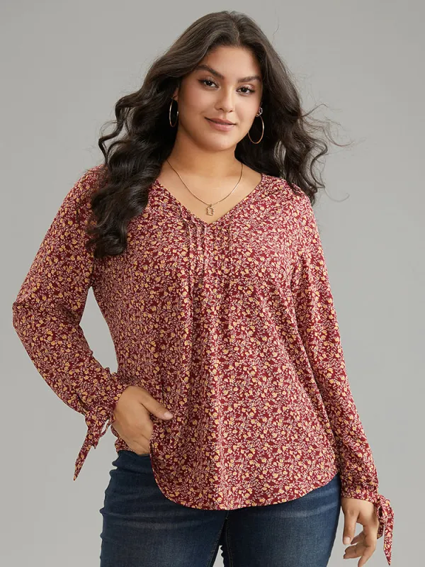 Ditsy Floral Ties V Neck Pleated Blouse sold by Bloomchic