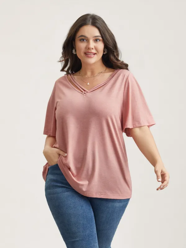Stretchy Cross-Straps Lotus Leaf Sleeve Top sold by Bloomchic