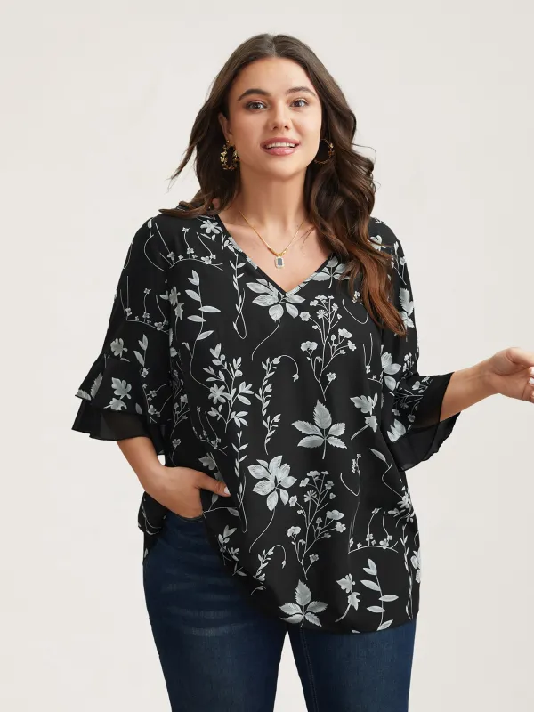Floral Print Ruffled V-Neck Shirt sold by Bloomchic