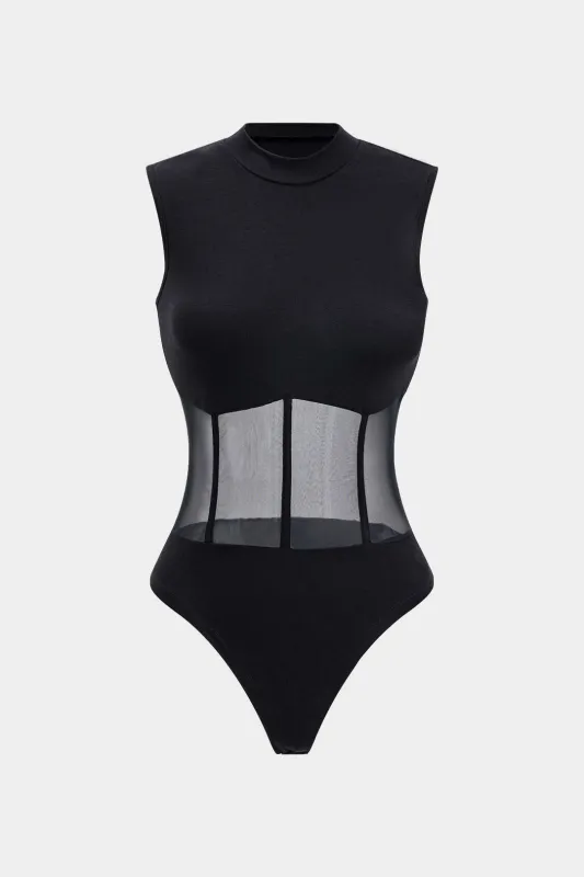 Mesh patchwork korset ærmeløs bodysuit sold by Micas