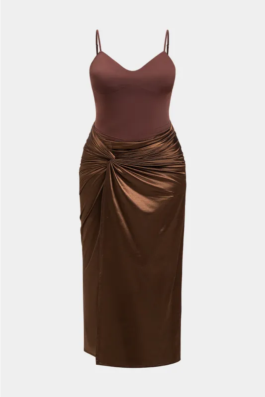 Plus størrelse satin ruched patchwork twist knude lynlås spalte midi kjole sold by Micas