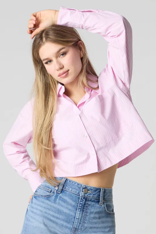 Poplin Cropped Button-Up Long Sleeve Top sold by Urban Planet