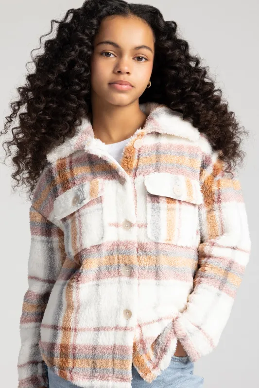Girls Sherpa Plaid Shacket sold by Urban Planet
