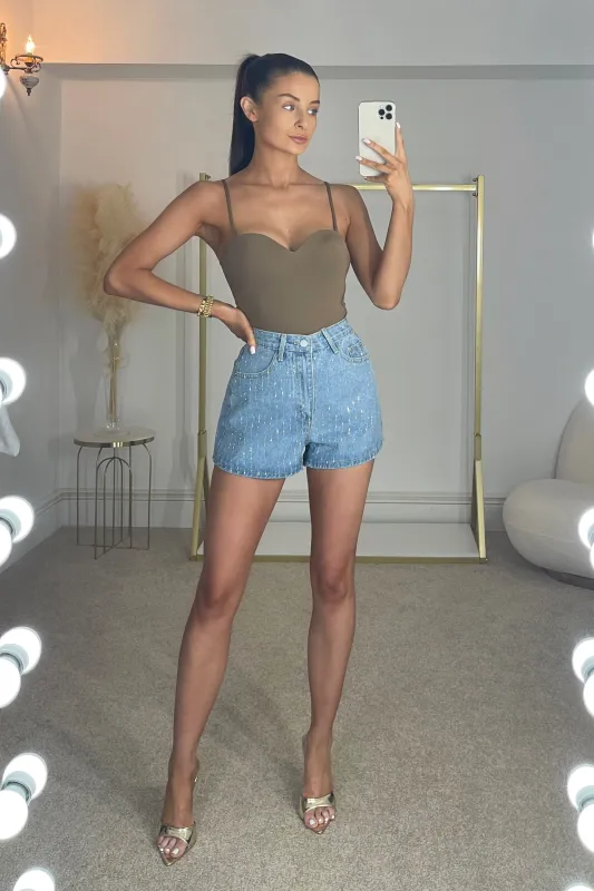 HARPER Stretchy Skim Fabric Crop Top with Built In Bra in Biscuit sold by Talliah Rose UK