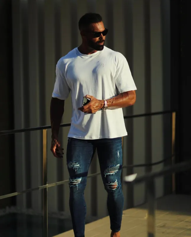 Father Sons Ultra Stretch Navy Slim Jeans with Distressed Rips - FSJEAN006 sold by Father Sons