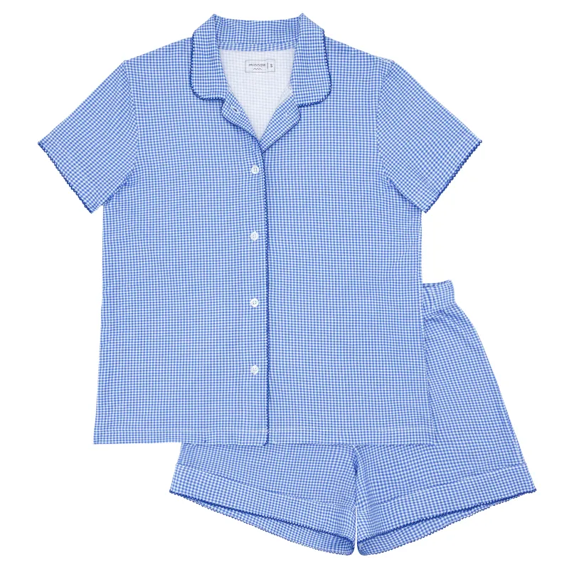 women's sky blue gingham collared shirt and short pima pajamas set sold by minnow