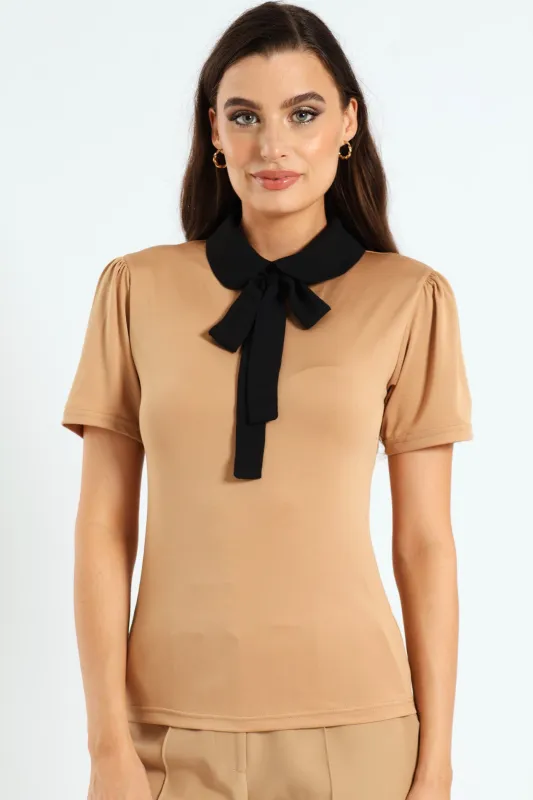 Peter Pan Preppy Tie Up Blouse - Taupe sold by Edgars