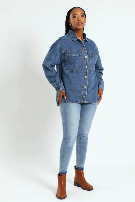 Curved Hem Denim Shacket - Dark Wash Ink sold by Edgars