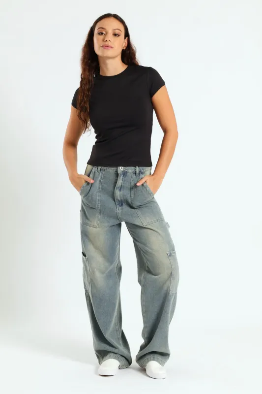 Cargo Contrast Stitch Jean - Salty Mid Wash sold by Edgars