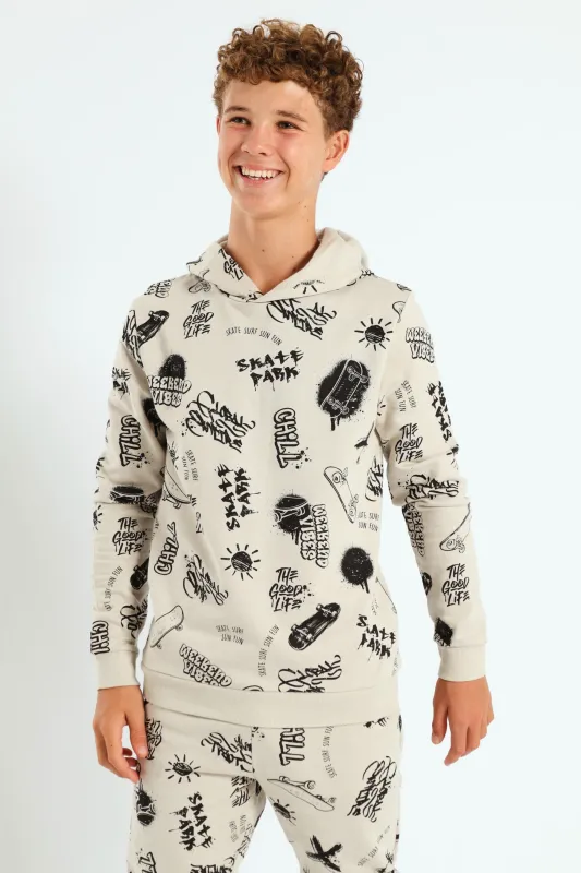 Boys Graffiti Print Hoody - Light Stone sold by Edgars