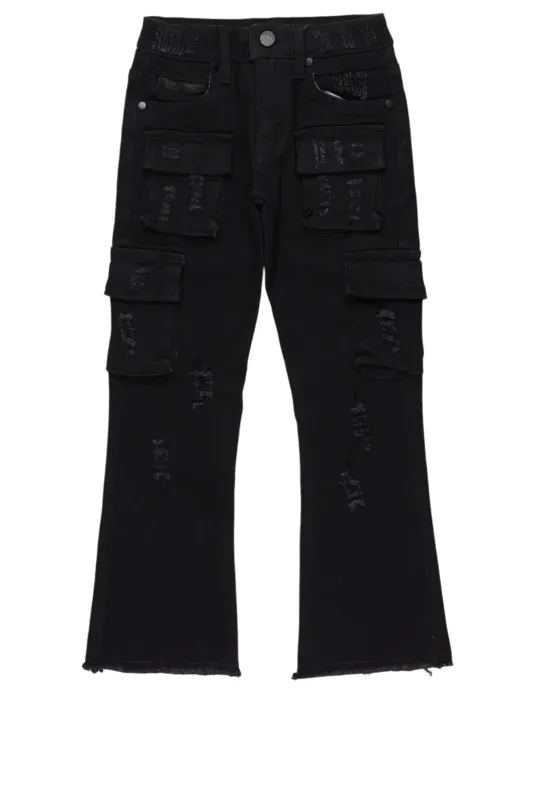 Boys Sterling Black Fringe Stacked Flared Cargo Jean sold by Rockstar Original
