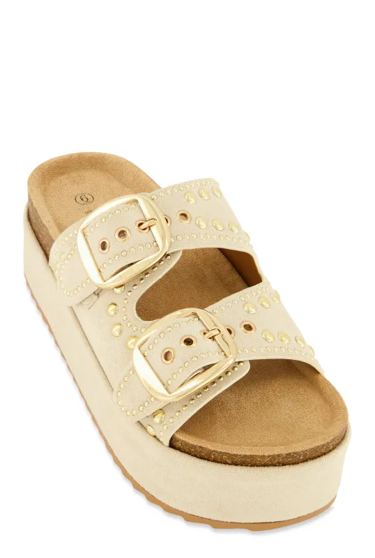 Faux Suede Studded Platform Footbed Sandals sold by Rainbow