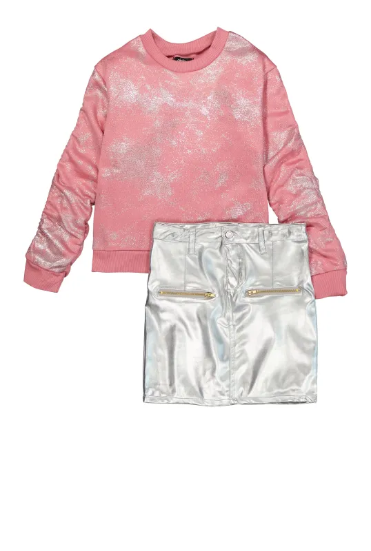 Girls Foil Screen Sweatshirt and Faux Leather Skirt sold by Rainbow