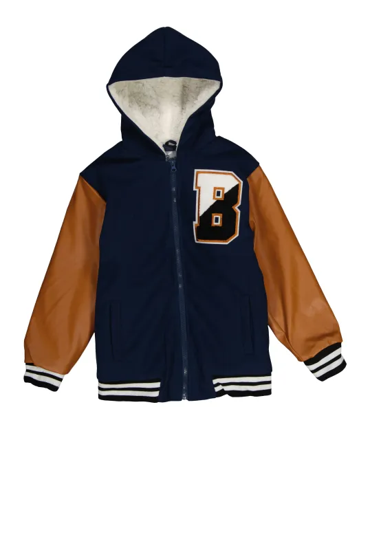 Boys B Initial Faux Leather Sleeve Hooded Jacket sold by Rainbow