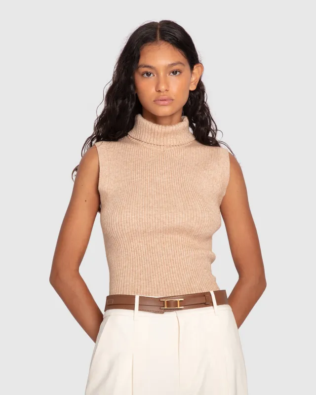 Equation Sleeveless Turtleneck Knit - Camel sold by Belle & Bloom