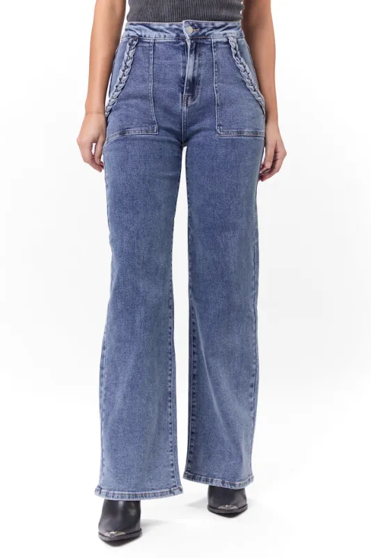 Carolyn Medium Wash Braided Pocket Wide Leg Jeans sold by Pink Lily