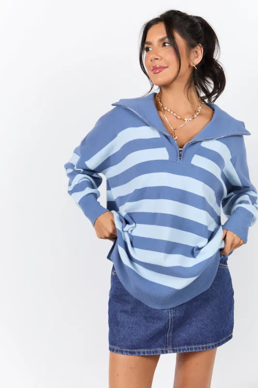Pulling Heartstrings Navy and Blue Stripe Quarter Zip Pullover FINAL SALE sold by Pink Lily