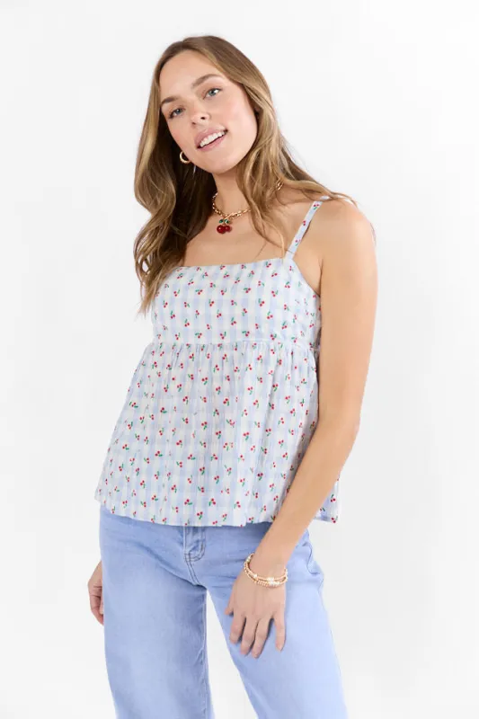 Sweet As Can Be Blue Cherry Gingham Print Tank sold by Pink Lily