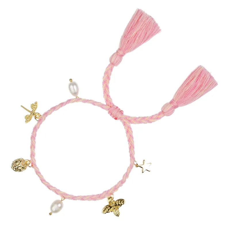 WOVEN FRIENDSHIP BRACELET W/CHARMS BUBBLEGUM PINK & PALE YELLOW MIX sold by DARK Department