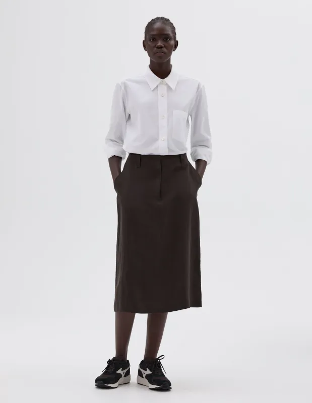 BACK VENT SKIRT | COMPACT LINEN | DARK BROWN sold by Margaret Howell
