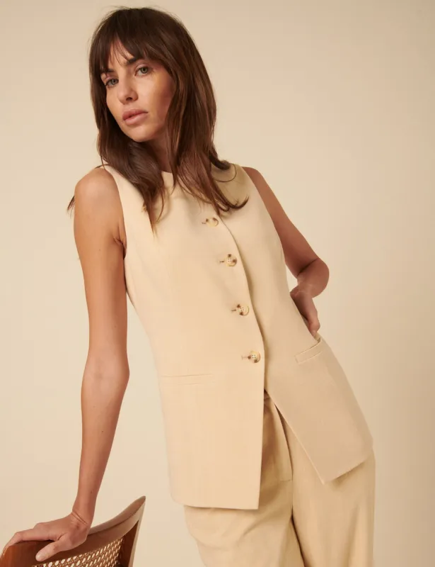 Cream Crew Neck Long Line Waistcoat sold by Nobody's Child