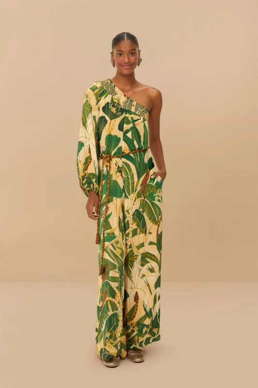 Beige Tropical Isla One-Shoulder Jumpsuit sold by FARM Rio