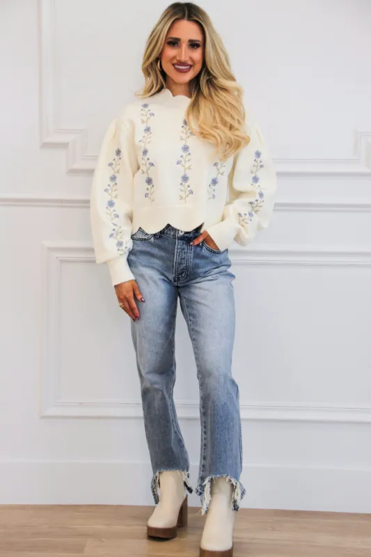 Tensley Floral Embroidered Scalloped Sweater: Cream sold by Bella and Bloom
