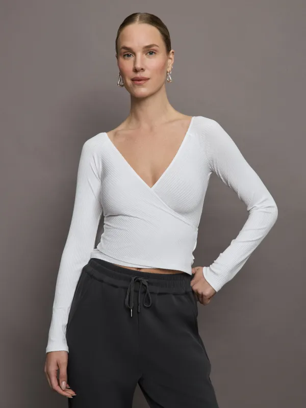 Long Sleeve Wrap Top in Ribbed Jersey - White sold by Carbon38